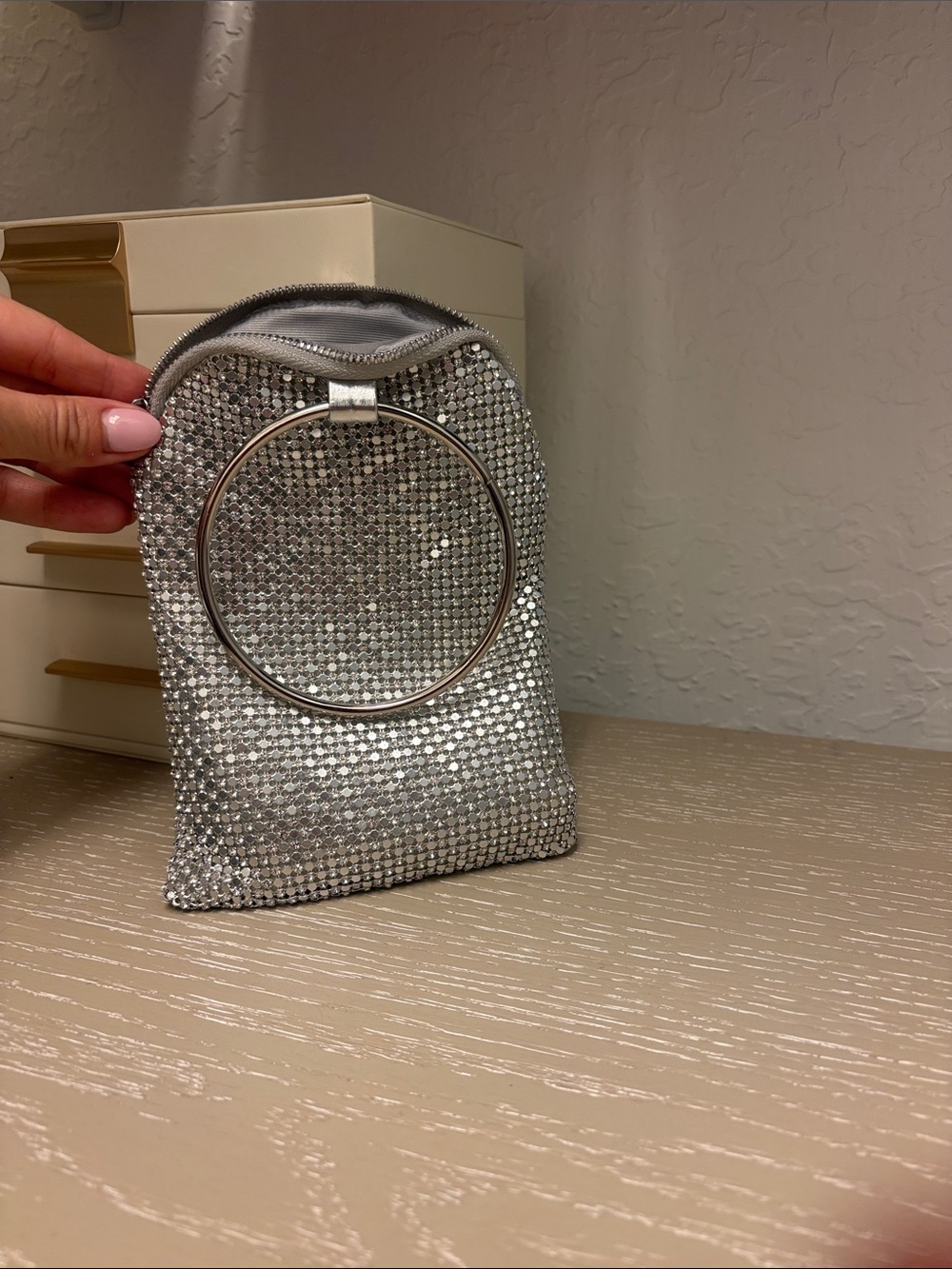 Silver Crystal Rhinestone Evening Wristlet Bag